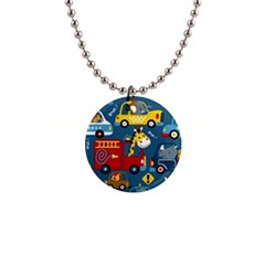 Seamless Pattern Vehicles Cartoon With Funny Drivers 1  Button Necklace by Simbadda