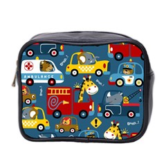 Seamless Pattern Vehicles Cartoon With Funny Drivers Mini Toiletries Bag (two Sides) by Simbadda