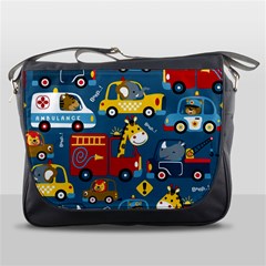 Seamless Pattern Vehicles Cartoon With Funny Drivers Messenger Bag by Simbadda