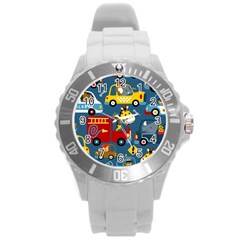 Seamless Pattern Vehicles Cartoon With Funny Drivers Round Plastic Sport Watch (l) by Simbadda