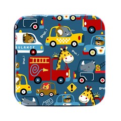 Seamless Pattern Vehicles Cartoon With Funny Drivers Square Metal Box (black) by Simbadda