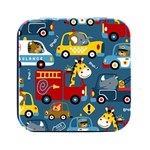 Seamless Pattern Vehicles Cartoon With Funny Drivers Square Metal Box (Black) Front