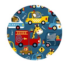 Seamless Pattern Vehicles Cartoon With Funny Drivers Mini Round Pill Box by Simbadda