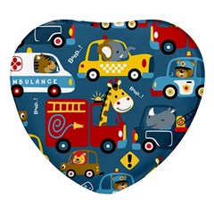 Seamless Pattern Vehicles Cartoon With Funny Drivers Heart Glass Fridge Magnet (4 Pack)