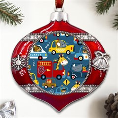 Seamless Pattern Vehicles Cartoon With Funny Drivers Metal Snowflake And Bell Red Ornament