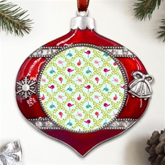 Birds Pattern Background Metal Snowflake And Bell Red Ornament by Simbadda