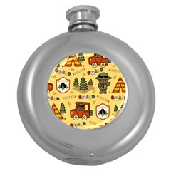 Seamless Pattern Funny Ranger Cartoon Round Hip Flask (5 Oz) by Simbadda