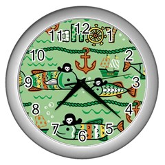 Seamless Pattern Fishes Pirates Cartoon Wall Clock (silver) by Simbadda