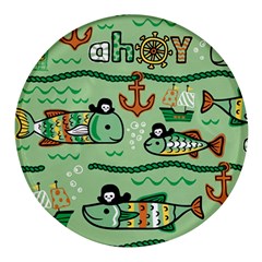 Seamless Pattern Fishes Pirates Cartoon Round Glass Fridge Magnet (4 Pack)