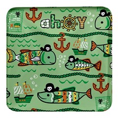 Seamless Pattern Fishes Pirates Cartoon Square Glass Fridge Magnet (4 Pack)