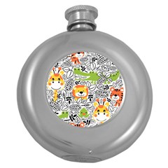 Seamless Pattern With Wildlife Cartoon Round Hip Flask (5 Oz) by Simbadda