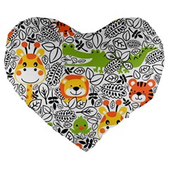 Seamless Pattern With Wildlife Cartoon Large 19  Premium Heart Shape Cushions by Simbadda