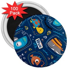 Seamless Pattern Vector Submarine With Sea Animals Cartoon 3  Magnets (100 Pack) by Simbadda