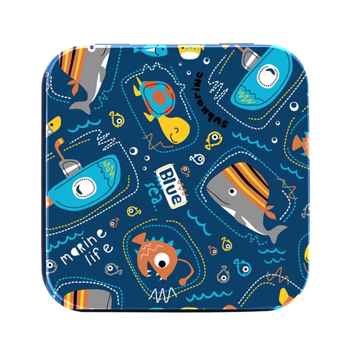 Seamless Pattern Vector Submarine With Sea Animals Cartoon Square Metal Box (Black)