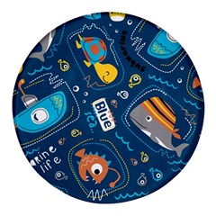 Seamless Pattern Vector Submarine With Sea Animals Cartoon Round Glass Fridge Magnet (4 Pack)