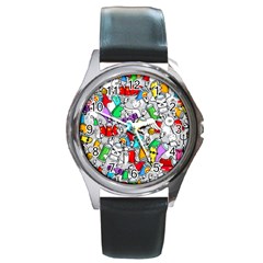 Graffiti Characters Seamless Pattern Round Metal Watch