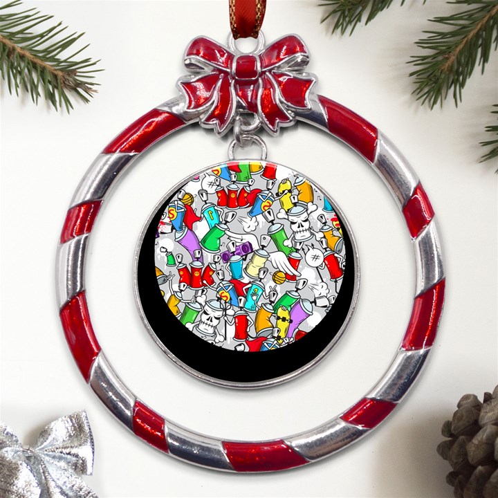 Graffiti Characters Seamless Pattern Metal Red Ribbon Round Ornament