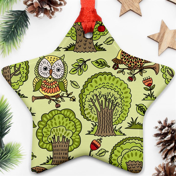 Seamless Pattern With Trees Owls Ornament (Star)