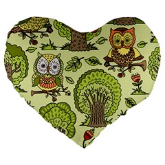 Seamless Pattern With Trees Owls Large 19  Premium Heart Shape Cushions by Simbadda