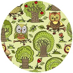 Seamless Pattern With Trees Owls Wooden Puzzle Round by Simbadda