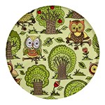 Seamless Pattern With Trees Owls Round Glass Fridge Magnet (4 pack) Front