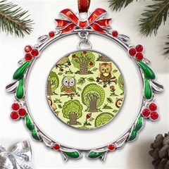 Seamless Pattern With Trees Owls Metal X mas Wreath Ribbon Ornament