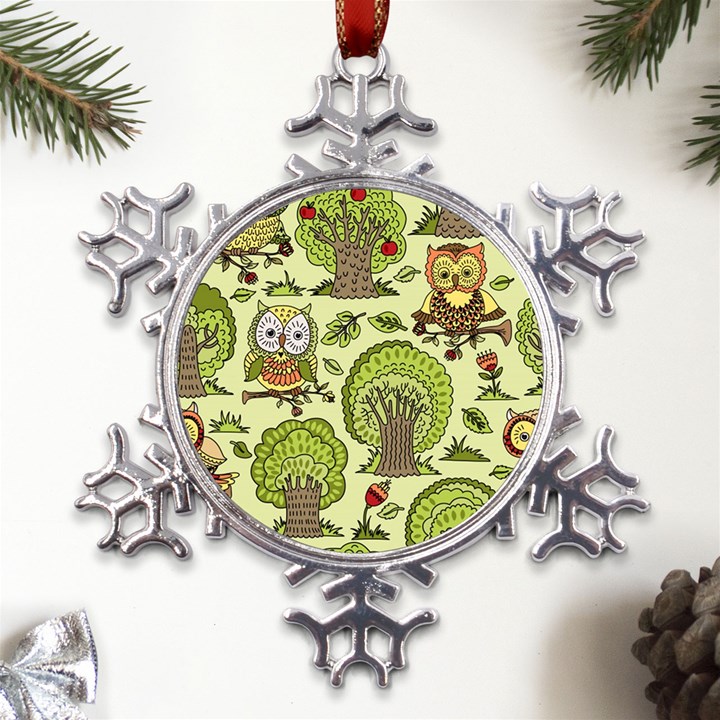 Seamless Pattern With Trees Owls Metal Large Snowflake Ornament