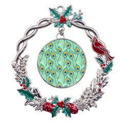 Lovely Peacock Feather Pattern With Flat Design Metal X mas Wreath Holly Leaf Ornament by Simbadda