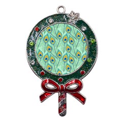 Lovely Peacock Feather Pattern With Flat Design Metal X mas Lollipop With Crystal Ornament by Simbadda