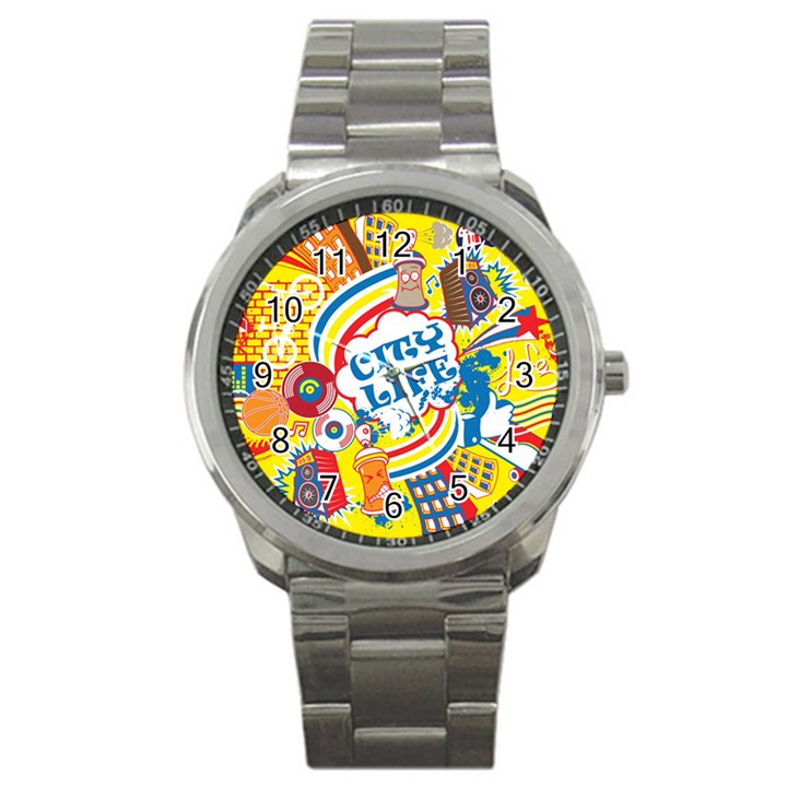 Colorful City Life Horizontal Seamless Pattern Urban City Sport Metal Watch