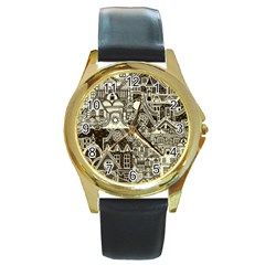 Four Hand Drawn City Patterns Round Gold Metal Watch by Simbadda