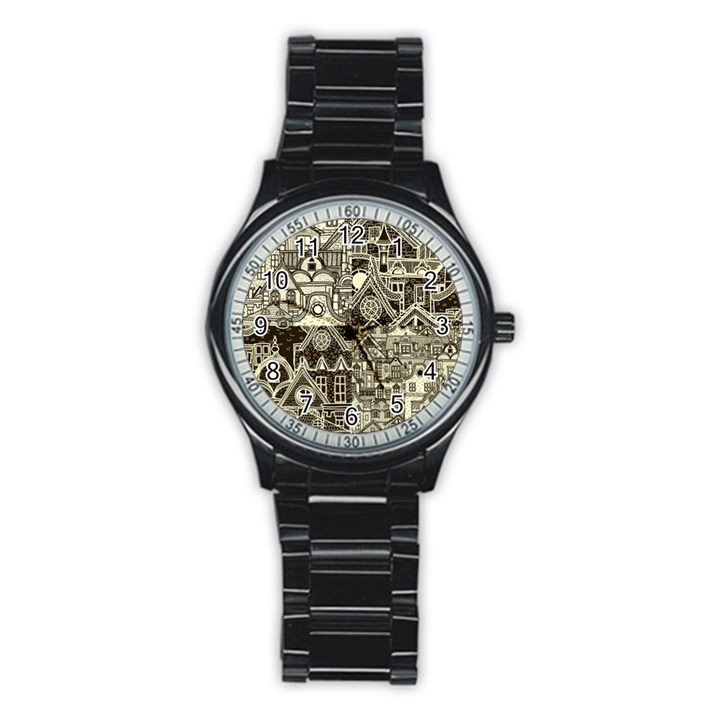 Four Hand Drawn City Patterns Stainless Steel Round Watch