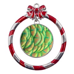 Beautiful Peacock Metal Red Ribbon Round Ornament by Simbadda