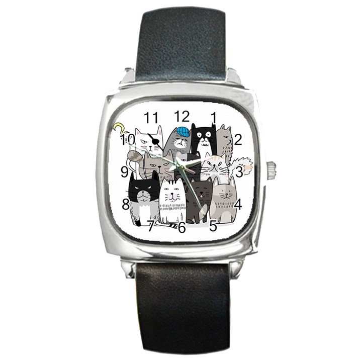 Cute Cat Hand Drawn Cartoon Style Square Metal Watch