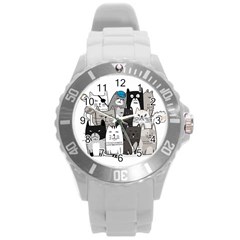 Cute Cat Hand Drawn Cartoon Style Round Plastic Sport Watch (l) by Simbadda