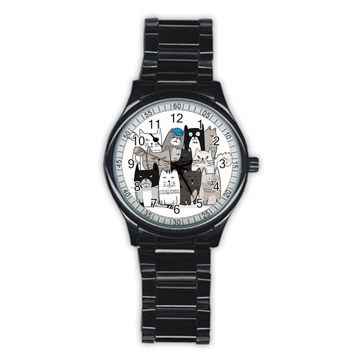 Cute Cat Hand Drawn Cartoon Style Stainless Steel Round Watch