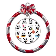 Playing Panda Cartoon Metal Red Ribbon Round Ornament