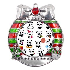 Playing Panda Cartoon Metal X mas Ribbon With Red Crystal Round Ornament by Simbadda