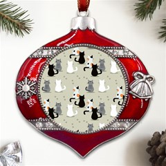 Cute Cat Seamless Pattern Metal Snowflake And Bell Red Ornament by Simbadda