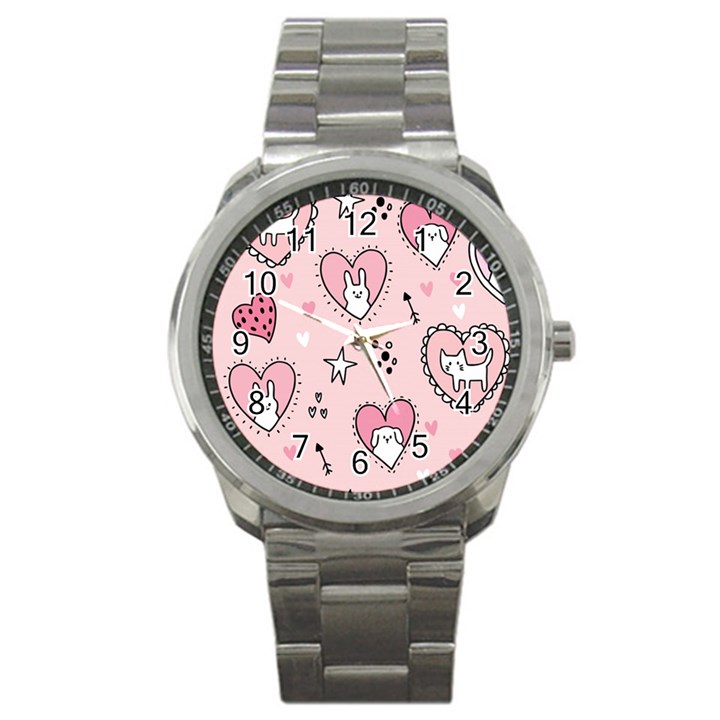 Cartoon Cute Valentines Day Doodle Heart Love Flower Seamless Pattern Vector Sport Metal Watch