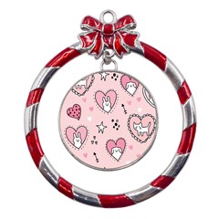 Cartoon Cute Valentines Day Doodle Heart Love Flower Seamless Pattern Vector Metal Red Ribbon Round Ornament