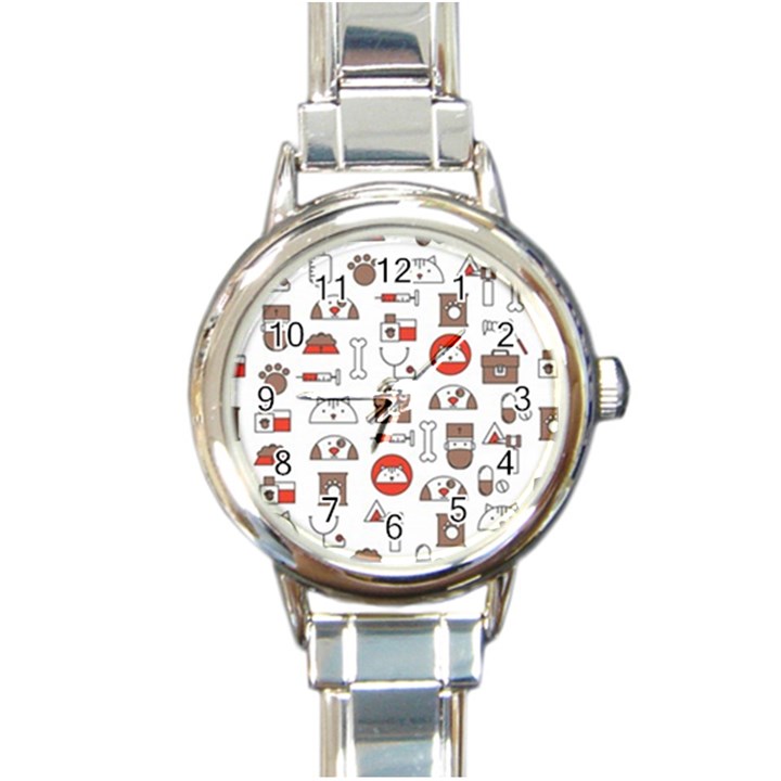 Vector Thin Line Art Vet Seamless Pattern Round Italian Charm Watch