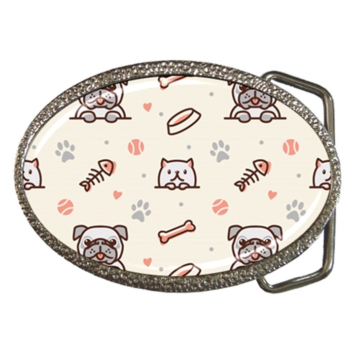 Pug-dog-cat-with-bone-fish-bones-paw-prints-ball-seamless-pattern-vector-background Belt Buckles