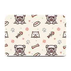 Pug-dog-cat-with-bone-fish-bones-paw-prints-ball-seamless-pattern-vector-background Plate Mats by Simbadda