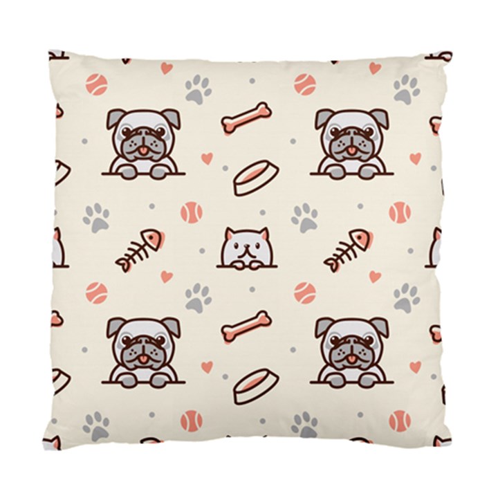 Pug-dog-cat-with-bone-fish-bones-paw-prints-ball-seamless-pattern-vector-background Standard Cushion Case (One Side)