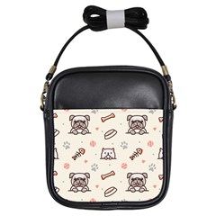 Pug-dog-cat-with-bone-fish-bones-paw-prints-ball-seamless-pattern-vector-background Girls Sling Bag by Simbadda