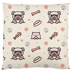 Pug-dog-cat-with-bone-fish-bones-paw-prints-ball-seamless-pattern-vector-background Large Cushion Case (one Side) by Simbadda