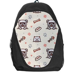 Pug-dog-cat-with-bone-fish-bones-paw-prints-ball-seamless-pattern-vector-background Backpack Bag by Simbadda