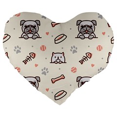 Pug-dog-cat-with-bone-fish-bones-paw-prints-ball-seamless-pattern-vector-background Large 19  Premium Flano Heart Shape Cushions by Simbadda