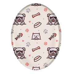 Pug-dog-cat-with-bone-fish-bones-paw-prints-ball-seamless-pattern-vector-background Oval Glass Fridge Magnet (4 Pack) by Simbadda